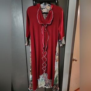Vintage Pearl Button Embellished Red V-Neck Long Sleeve Dress